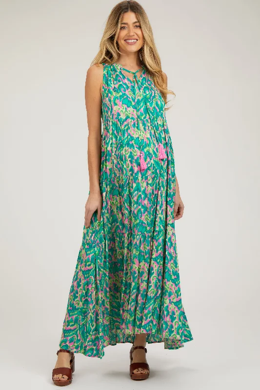 Washable Casual Dresses for Convenient Cleaning​ Green Sleeveless V-Neck Ruffle Neck Tiered Maternity Maxi Dress