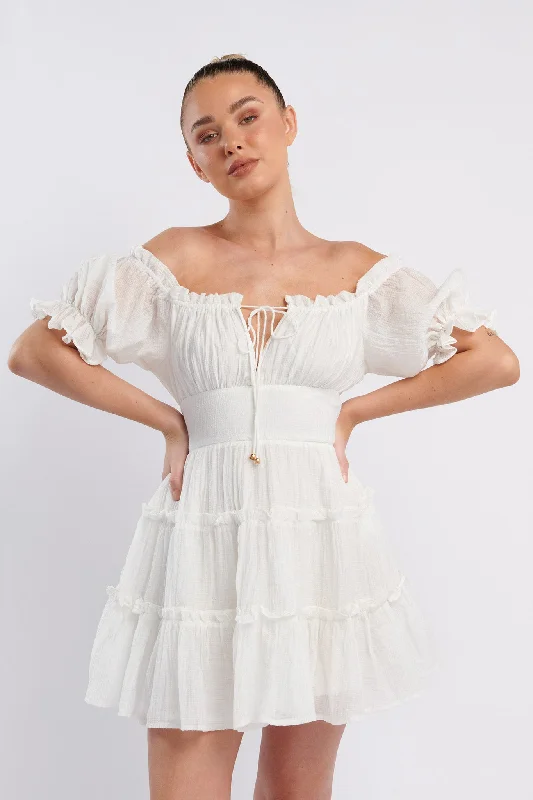 Sequined Casual Dresses for Special Occasions​ Everley Puff Sleeve Mini Dress White