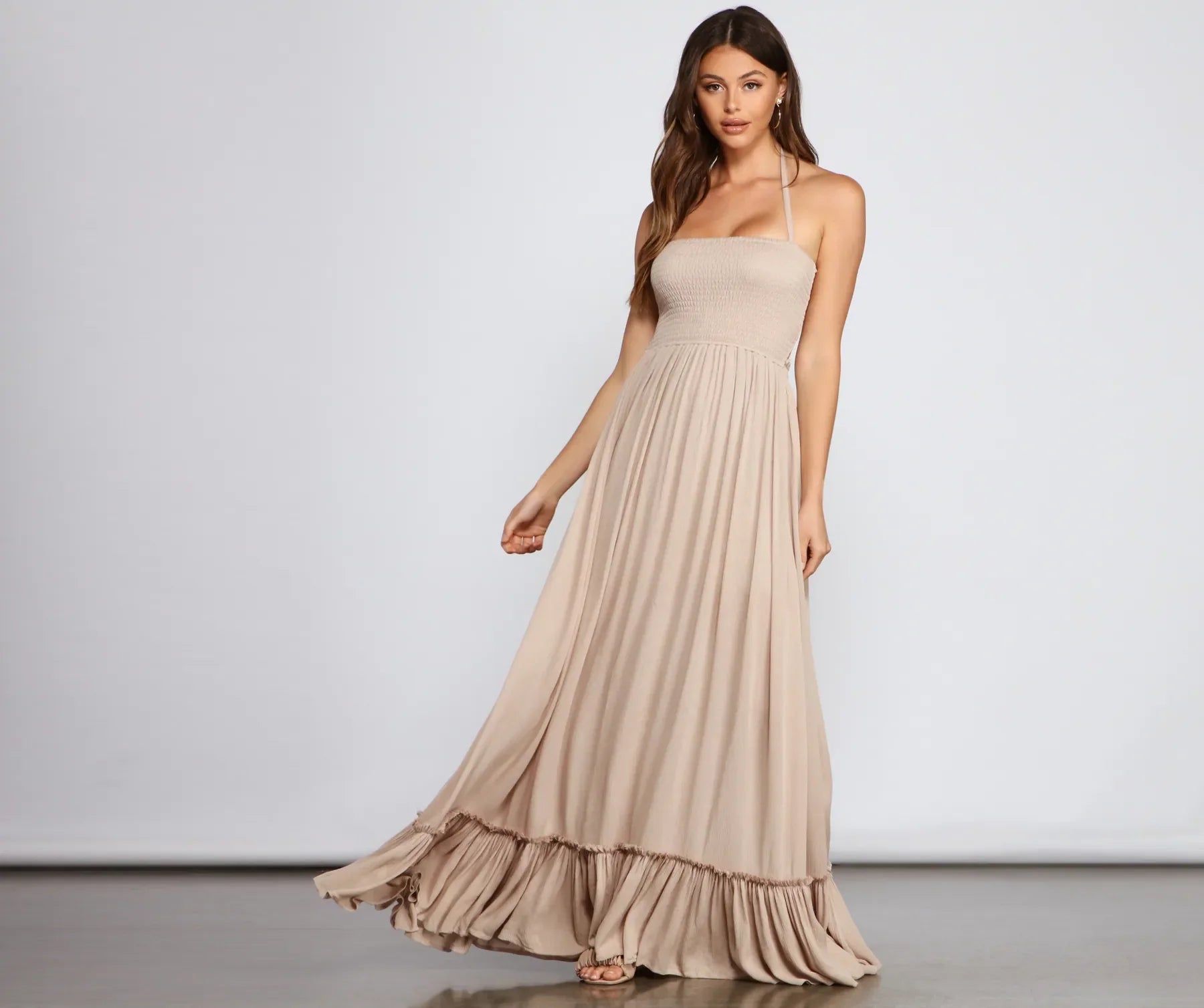 Feathered - Trimmed Casual Dresses for a Dramatic Look​ Go With The Flow Smocked Maxi Dress