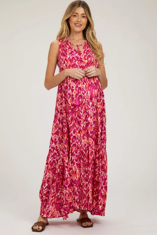 Sun - Protective Casual Dresses for Outdoor Activities​ Magenta Sleeveless V-Neck Ruffle Neck Tiered Maternity Maxi Dress