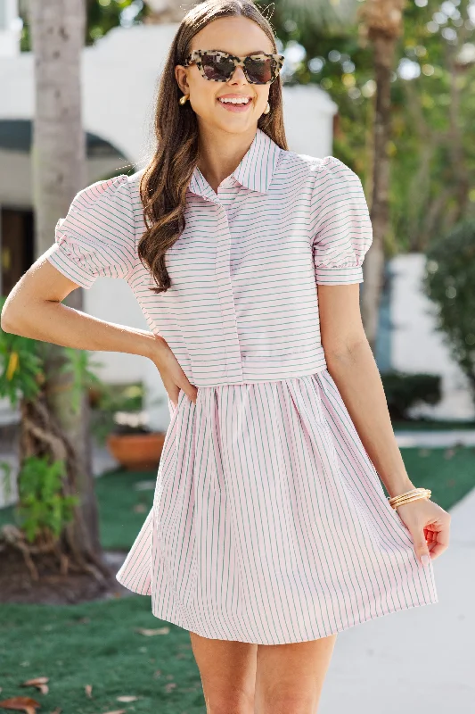 Smocked Waist Casual Dresses for Comfort All For It Pink & Green Striped Shirt Dress Smocked Waist Casual Dresses for Comfort All For It Pink & Green Striped Shirt Dress