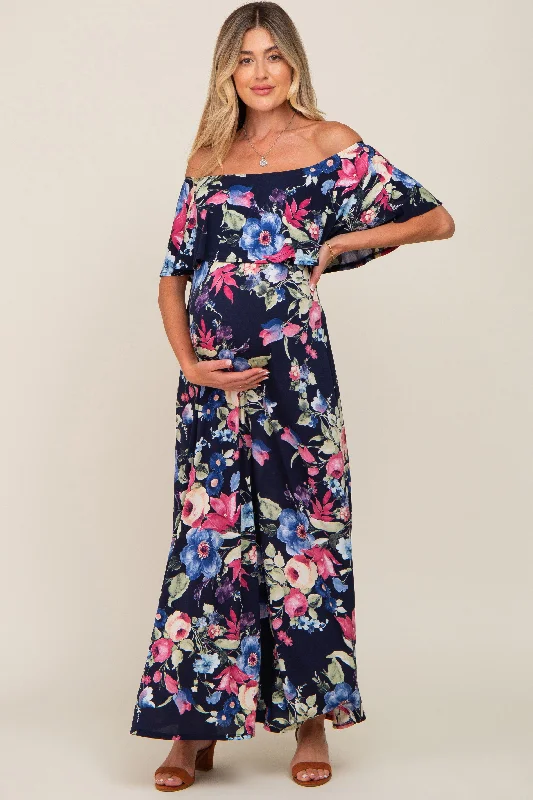 Floral Printed Casual Dresses for Summer​ Navy Floral Off Shoulder Flounce Maternity Maxi Dress