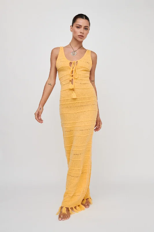 Denim - Patchwork Casual Dresses for a Unique Design​ Sunlight Bust Tie Knit Maxi Dress Lemon