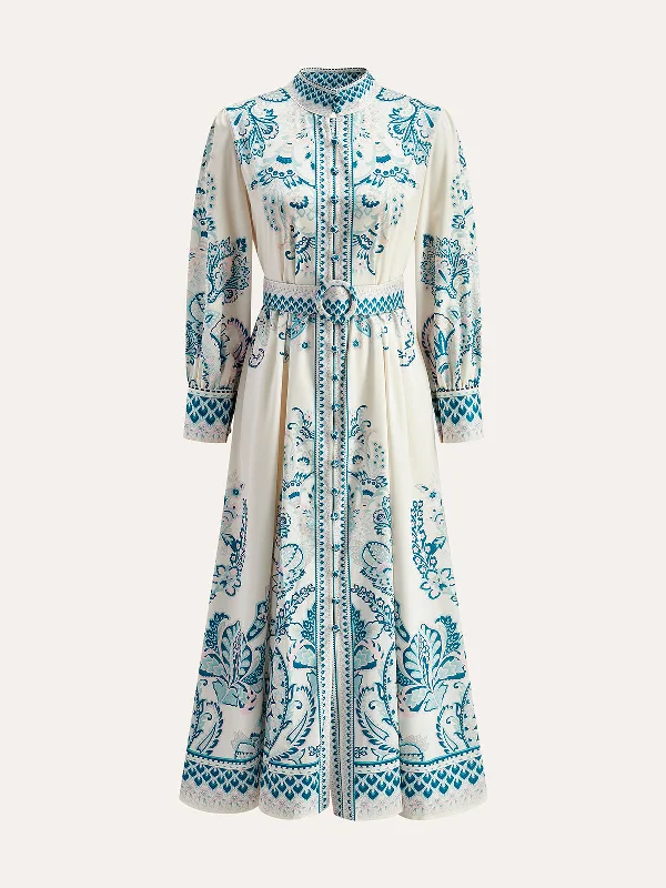 Anti - Wrinkle Casual Dresses for Easy Maintenance​ Print Button Detail Belted Dress