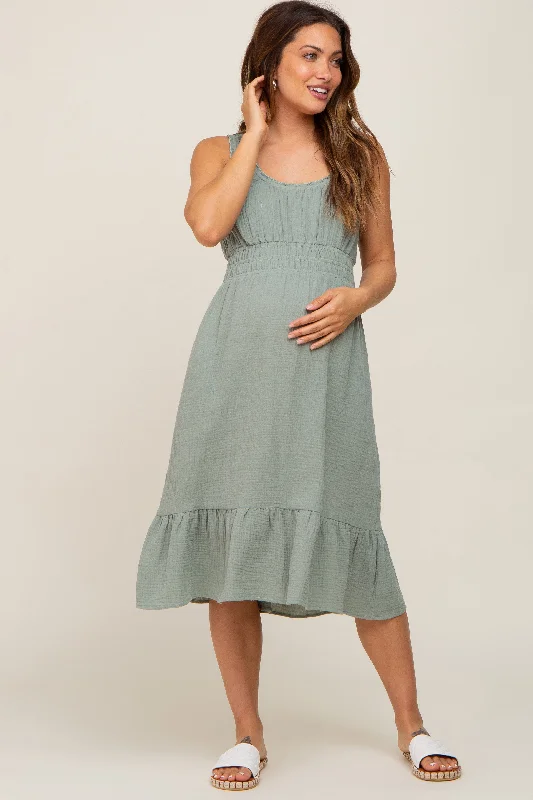 Festival - Inspired Casual Dresses with Bohemian Flair​ Light Olive Gauze Smocked Waist Lettuce Trim Maternity Midi Dress