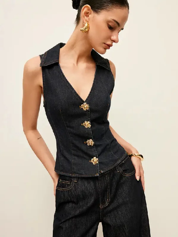 Plus - Size Casual Dresses for a Comfortable Fit​ Denim Collared Vest With Floral Button Detail