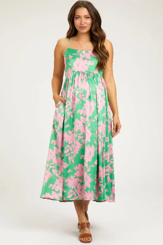 Picnic - Ready Casual Dresses in Bright Colors​ Pink Leaf Print Satin Square Neck Maternity Midi Dress