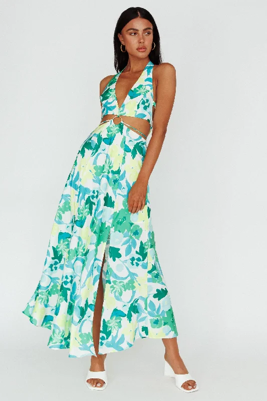 Mini Casual Dresses with Ruffled Hem​ Tuscan Summers Cut-Out Midi Dress Floral Green