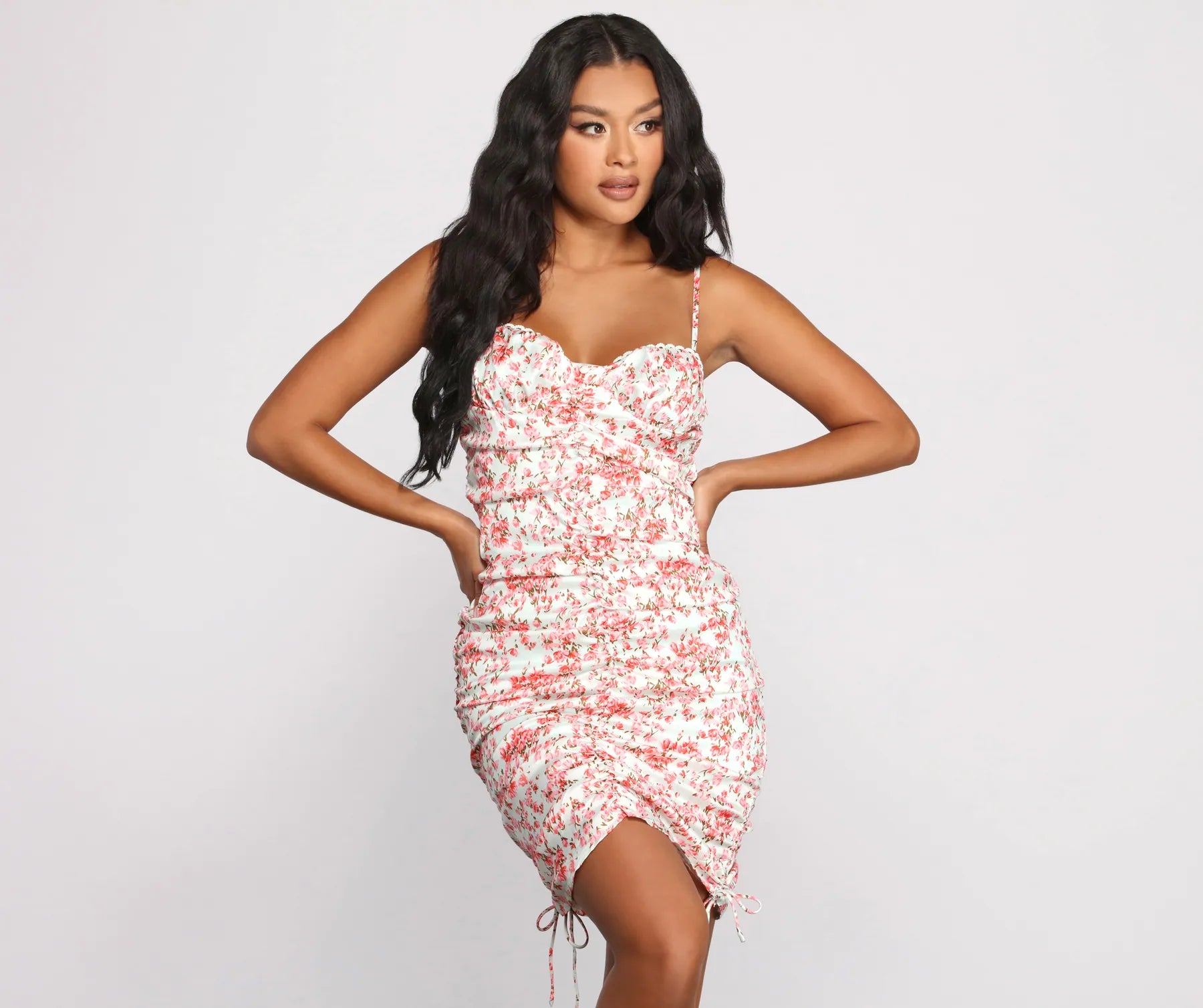 Polyester - Cotton Blend Casual Dresses​ Double Drawstring Floral Mini Dress