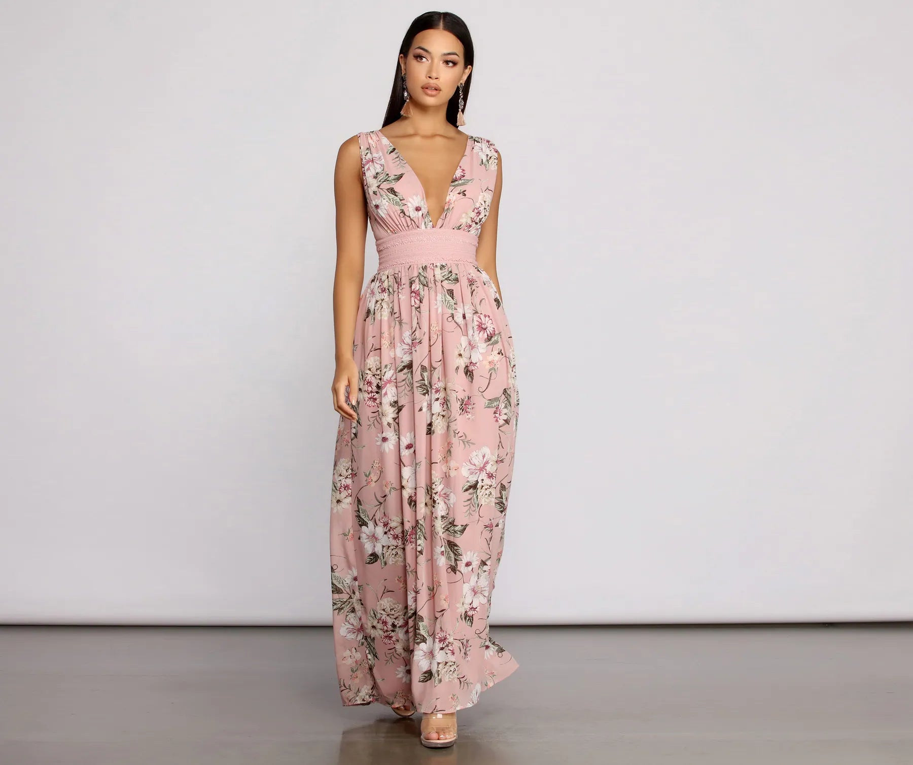 Sequined Casual Dresses for Special Occasions​ Floral Beauty Sleeveless Chiffon Maxi Dress