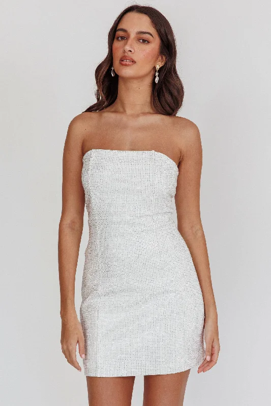 Satin Casual Dresses with a Shiny Finish This Feeling Strapless Diamante Mini Dress White Satin Casual Dresses with a Shiny Finish This Feeling Strapless Diamante Mini Dress White