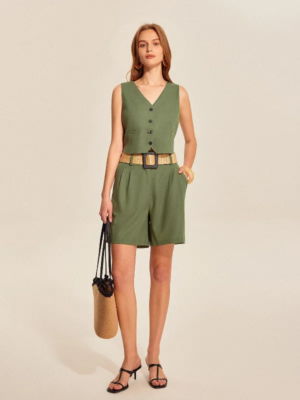 Boho Style Casual Dresses with Fringe Details​ V-Neck Buttoned Shorts Set With Belt