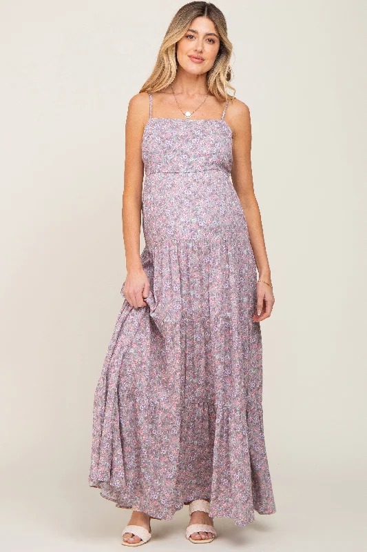 Non - Slip Casual Dresses with Adjustable Straps​ Pink Floral Tiered Maternity Maxi Dress