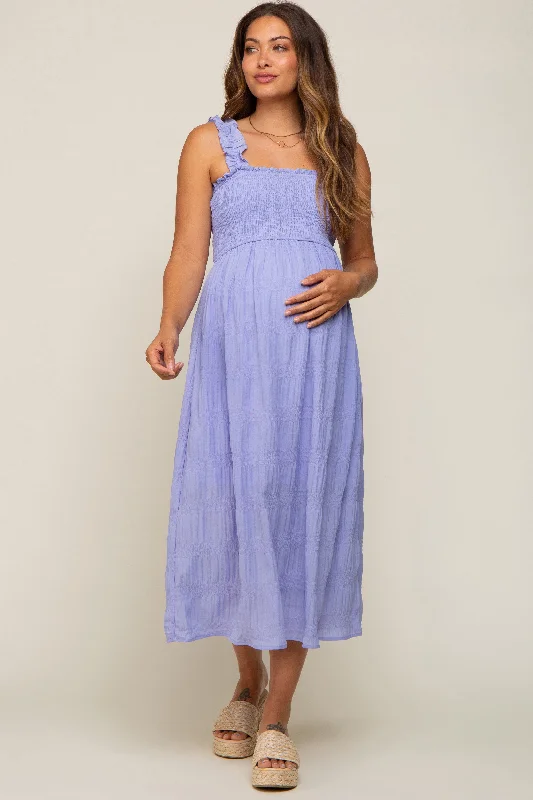 Winter - Warm Casual Dresses with Lined Fabrics​ Lavender Smocked Square Neck Maternity Midi Dress