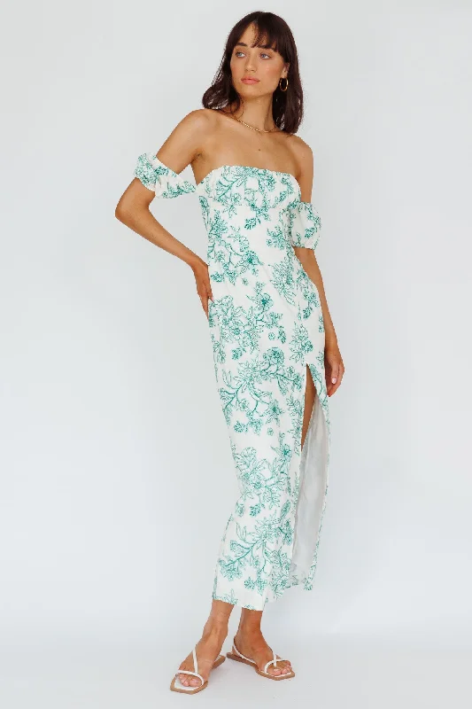 Dry - Clean - Only Casual Dresses for Delicate Fabrics​ Olivier Off-Shoulder Midi Dress Floral Green