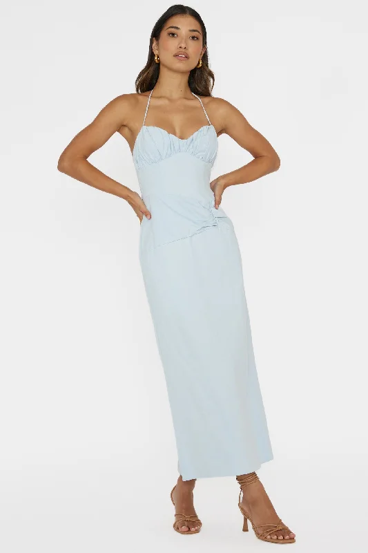 Recycled - Material Casual Dresses for Sustainability​ Arielle Gathered Bust Halterneck Midi Dress Pale Blue