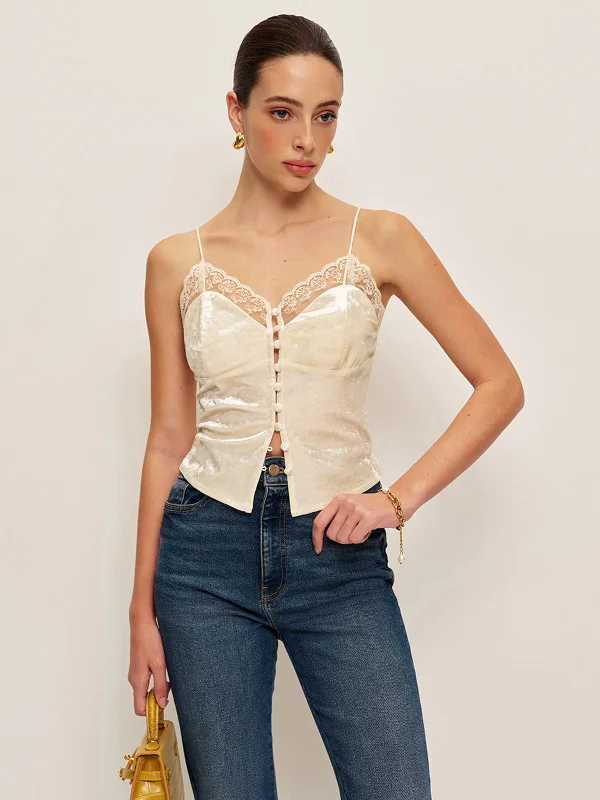 Garden Party Casual Dresses with Floral Motifs​ Lace Detail Velvet Cami Top