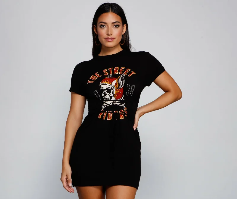 Satin Casual Dresses with a Shiny Finish​ Street Rider Graphic Lace-Up Tee