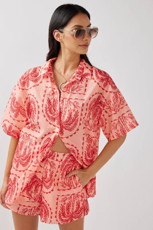 Midi Casual Dresses in Trendy Patterns​ Cora Button-Up Shirt Print Red Salmon