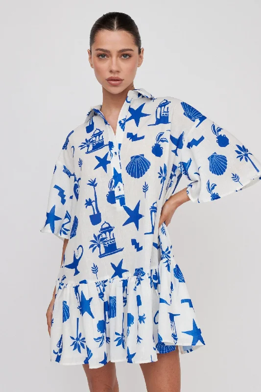 Metallic - Accented Casual Dresses for a Shiny Finish​ Day Trip Waist Tie Collared Dress Blue