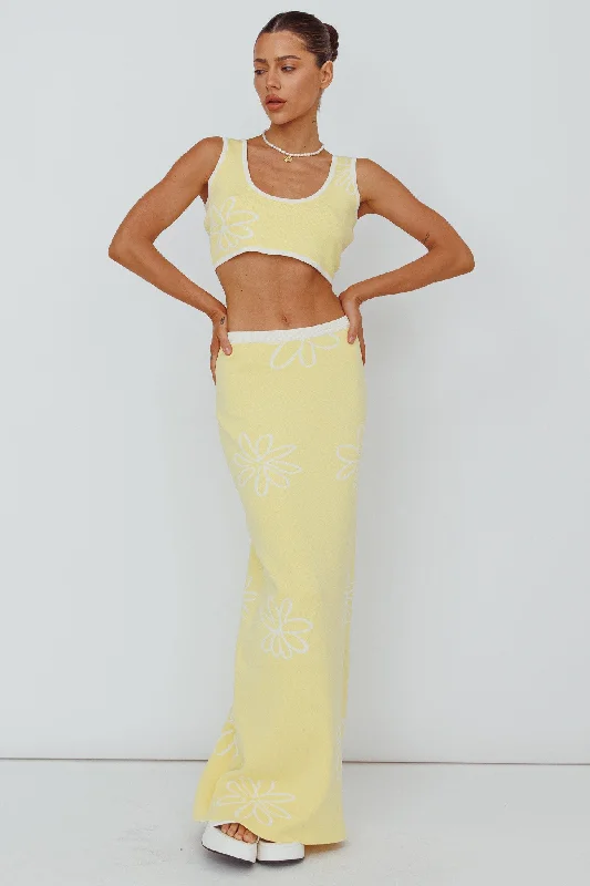 Anti - Wrinkle Casual Dresses for Easy Maintenance​ Sunland Knit Maxi Skirt Flower Light Lemon