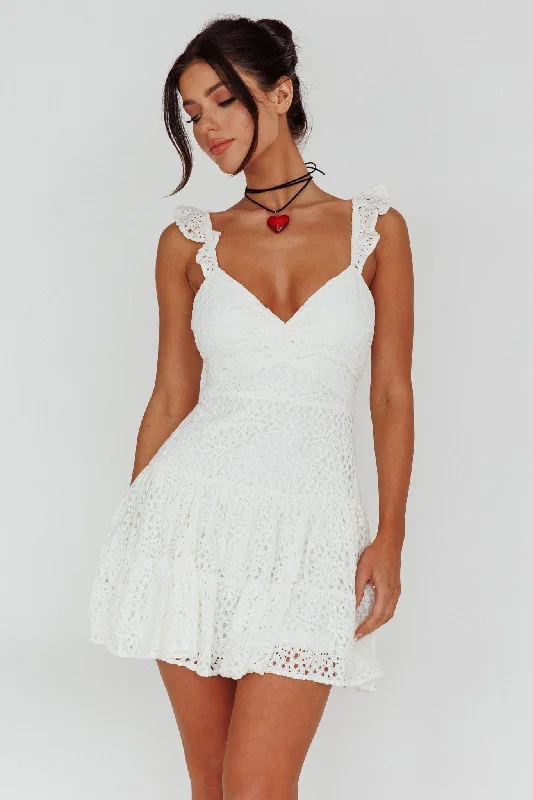 Sleeveless Casual Dresses for Warm Weather​ Short Notice Ruffle Strap Lace Mini Dress White