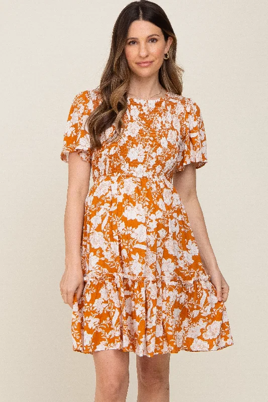 Tie - Dye Casual Dresses for a Retro Style​ Floral Smocked Gathered Tier Maternity Dress