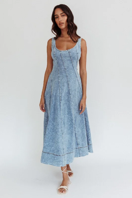 Denim Casual Dresses for a Casual and Durable Option​ Ellora Side Pocket Midi Dress Denim Blue