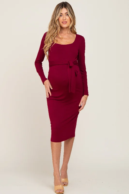 Festival - Inspired Casual Dresses with Bohemian Flair​ Burgundy Basic Square Neck Maternity Midi Dress