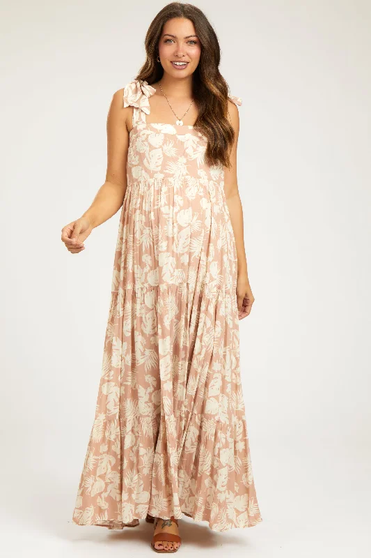 Boho Style Casual Dresses with Fringe Details​ Light Pink Leaf Printed Square Neckline Tie Strap Tiered Maternity Maxi Dress