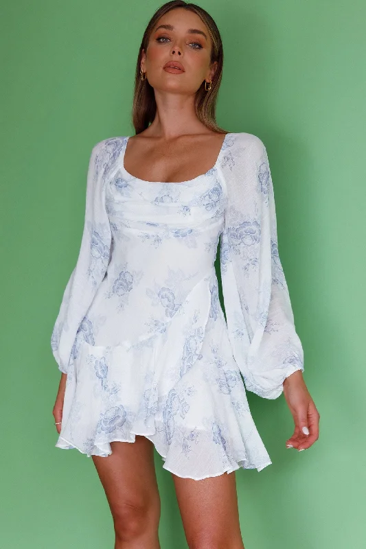 Work - from - Home Casual Dresses for Comfort and Style​ Beaujolais Long Sleeve Cowl Neckline Ruffle Mini Dress Floral Blue