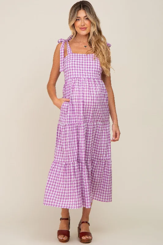 Faux Fur - Lined Casual Dresses for Winter Warmth​ Lavender Checkered Sleeveless Tiered Maternity Maxi Dress