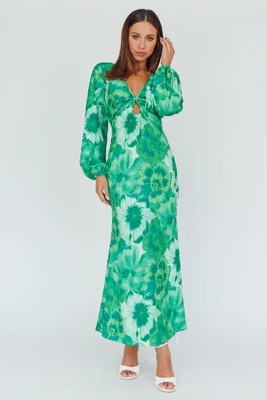 Pleated Casual Dresses for a Structured Look​ Yessica Balloon Sleeve Midi Dress Floral Green