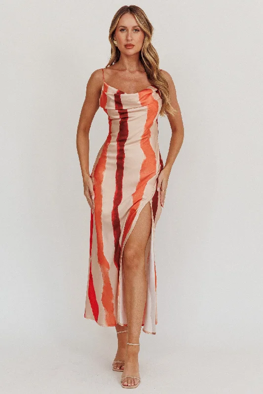 Mini Casual Dresses with Ruffled Hem​ Blondine Cowl Bust Split Maxi Dress Peach