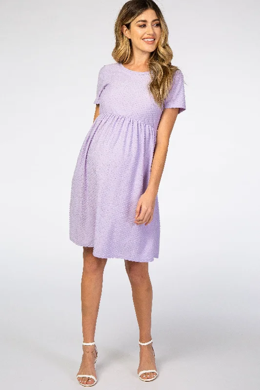 Polyester - Cotton Blend Casual Dresses​ Lavender Swiss Dot Short Sleeve Maternity Dress