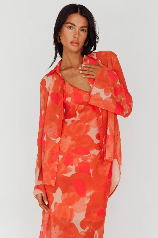 Boho Style Casual Dresses with Fringe Details​ Stasi Flared Cuff Long Sleeve Shirt Floral Orange