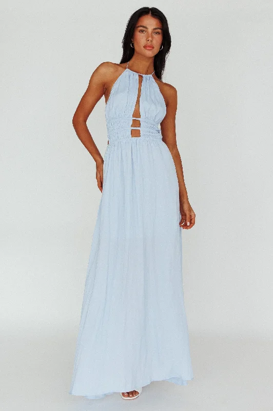 Button - Down Casual Dresses for a Classic Vibe​ Cyndi Open Back Halterneck Maxi Dress Blue