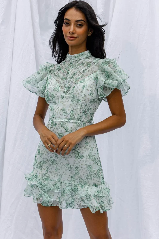 Sleeveless Casual Dresses for Warm Weather​ Lark High Neck Ruffle Sleeve Dress Clover Print Green