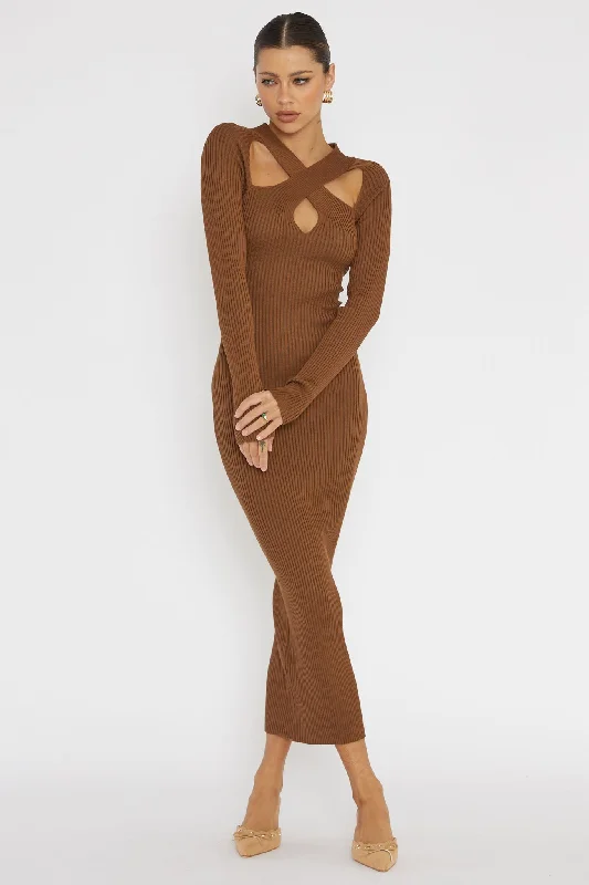 Denim - Patchwork Casual Dresses for a Unique Design​ One Mind Cut-Out Neckline Knit Midi Dress Chocolate