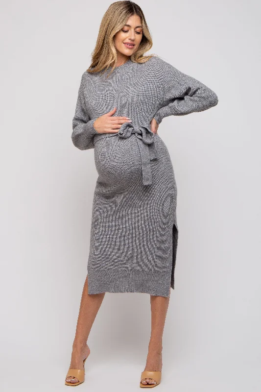 Machine - Washable Casual Dresses for Hassle - Free Care​ Heather Grey Side Slit Maternity Sweater Midi Dress