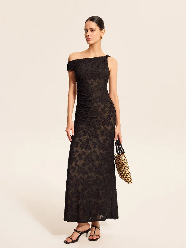 Rayon Casual Dresses for a Soft Feel​ Semi-Sheer Lace One-Shoulder Maxi Dress