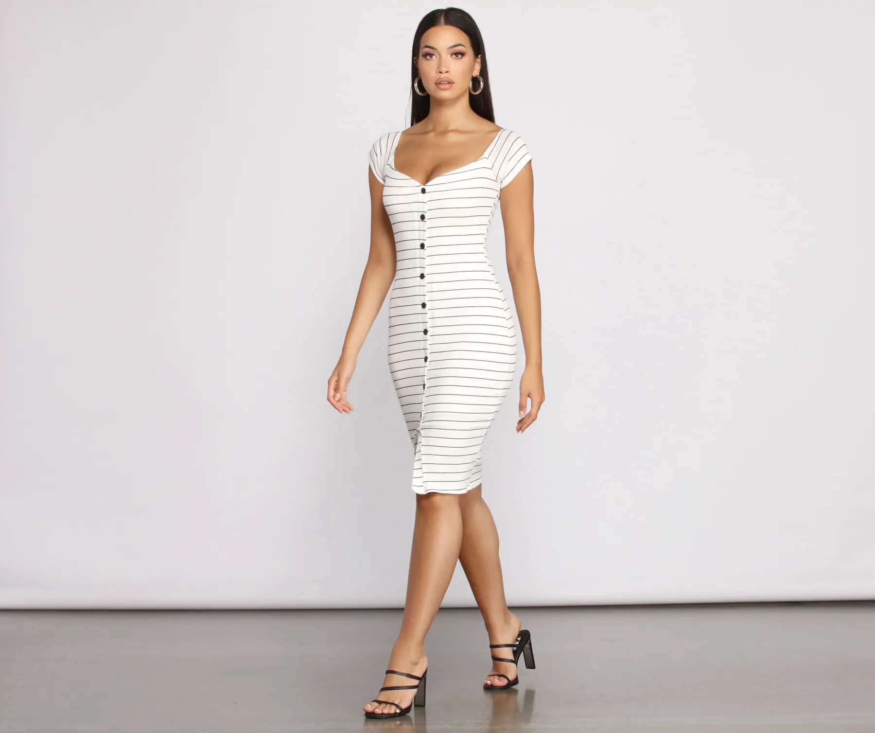 Midi Casual Dresses in Trendy Patterns​ Stripe It Down Ribbed Button Down Midi Dress
