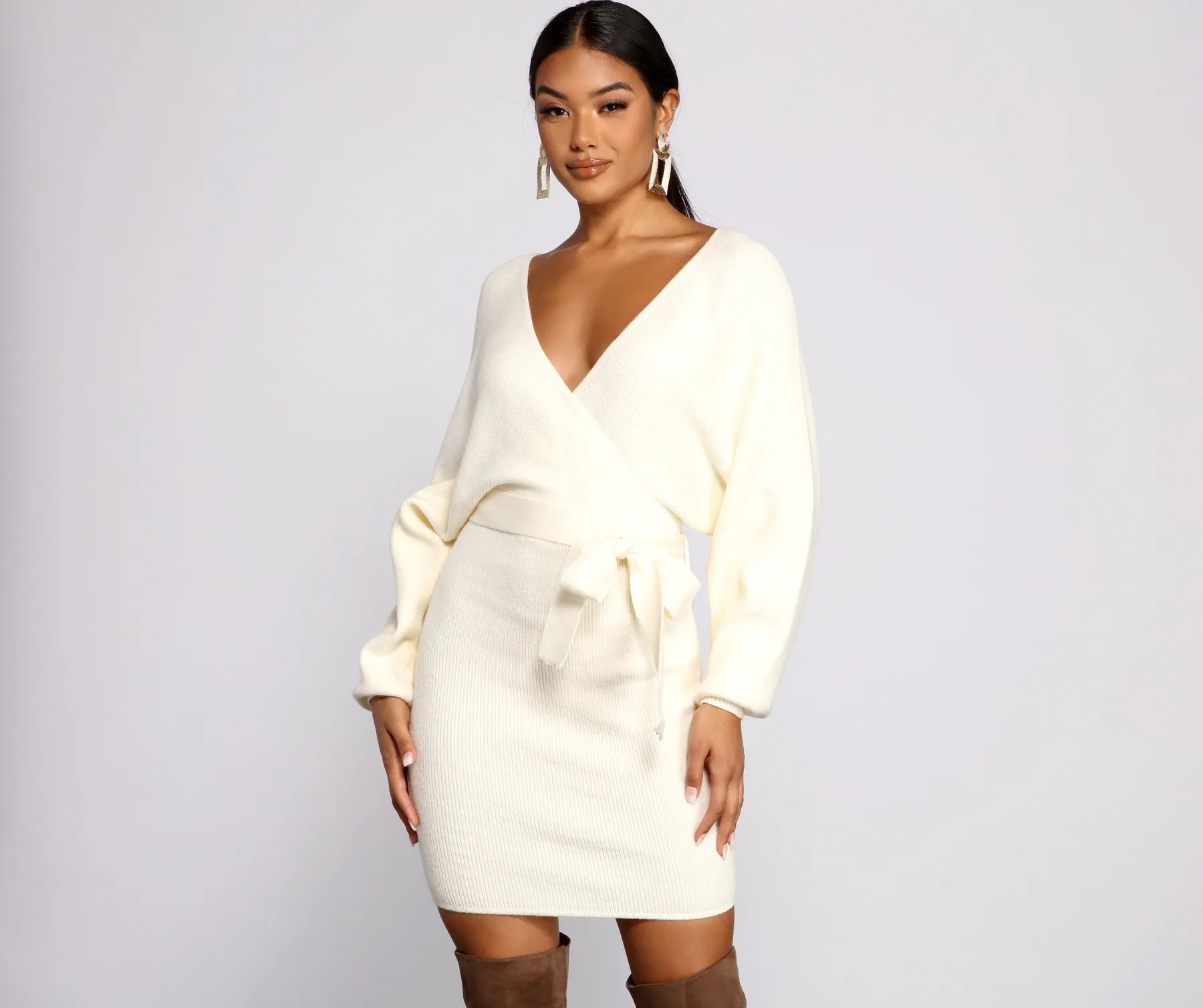 DIY - Inspired Casual Dresses with Customizable Elements​ Tie Front Wrap Mini Sweater Dress