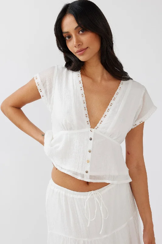 Winter - Warm Casual Dresses with Lined Fabrics​ Azura Scalloped Lace Trim Top White