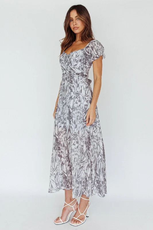 Child - Sized Casual Dresses with Cute Designs​ Linka Off-Shoulder Tie Back Midi Dress Printed Grey
