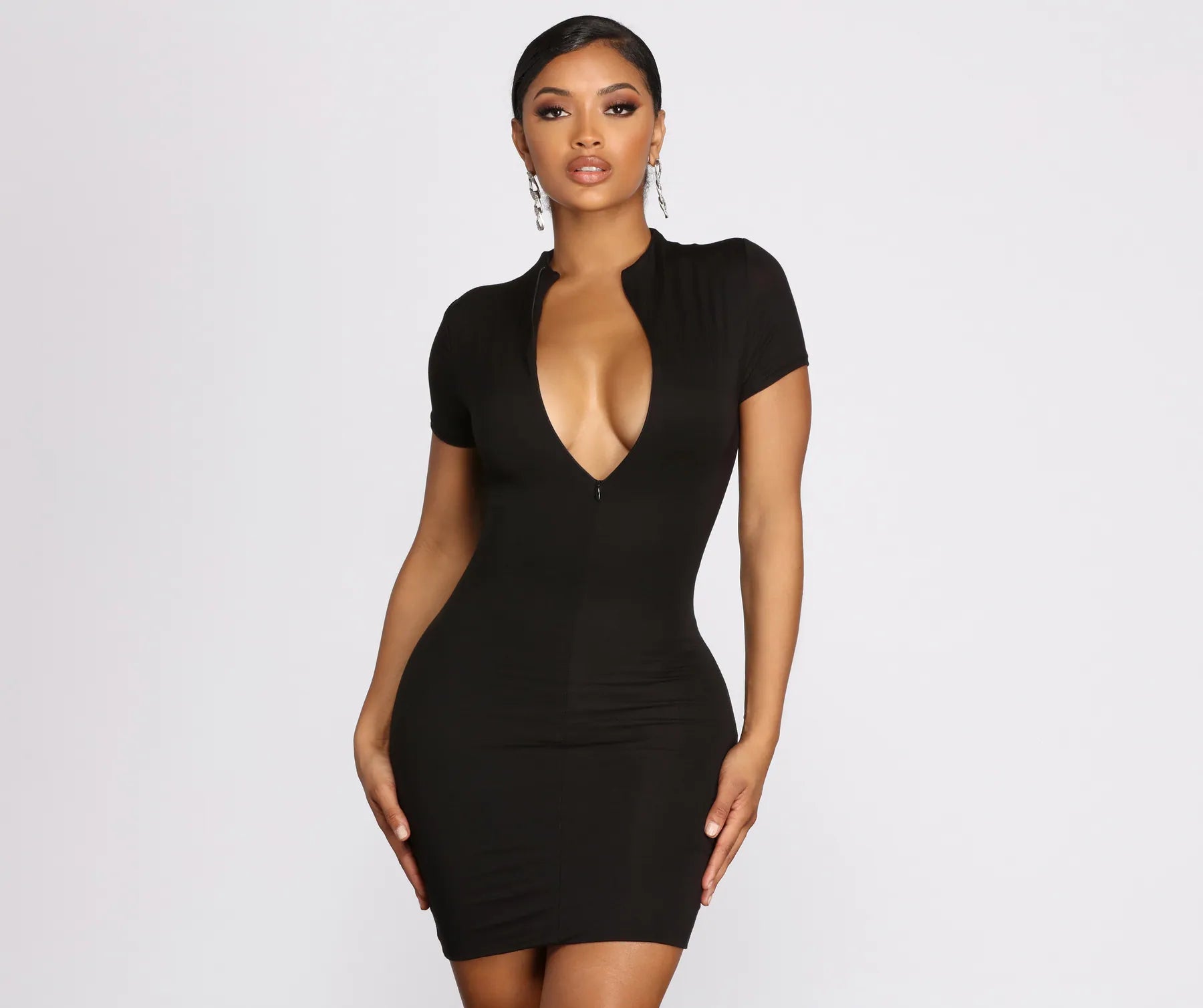 Off - Shoulder Casual Dresses for a Feminine Touch​ Zip Up Chic Mini Dress