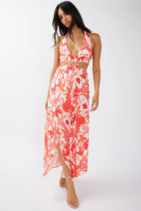 Fall - Style Casual Dresses with Earthy Tones​ Tuscan Summers Cut-Out Midi Dress Floral Red