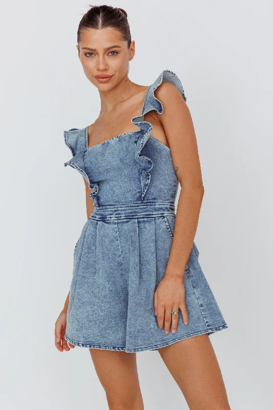 Rain - Resistant Casual Dresses for Wet Weather​ Nola Flared Ruffle Romper Denim