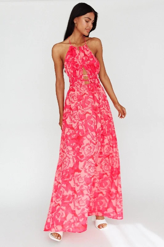 Faux Fur - Lined Casual Dresses for Winter Warmth​ Cyndi Open Back Halterneck Maxi Dress Floral Pink