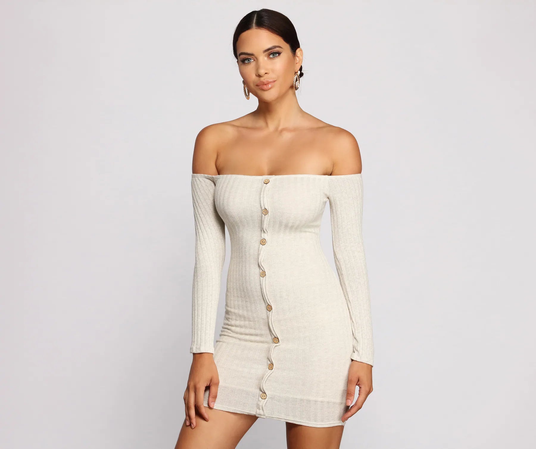 Belted Casual Dresses to Define the Waist​ Off The Shoulder Button Down Mini Dress